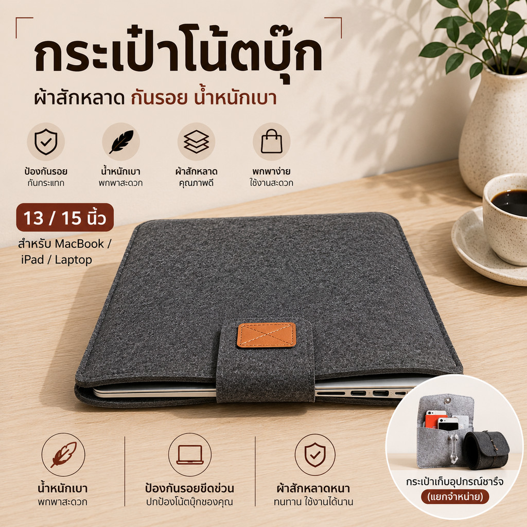 SKY กระเป๋าโน๊ตบุ๊ค ผ้าสักหลาด Laptop Sleeve ซองใส่โน๊ตบุ๊ค MacBook Air Pro iPad Tablet กันรอย 11/13/15 นิ้ว Laptop Case