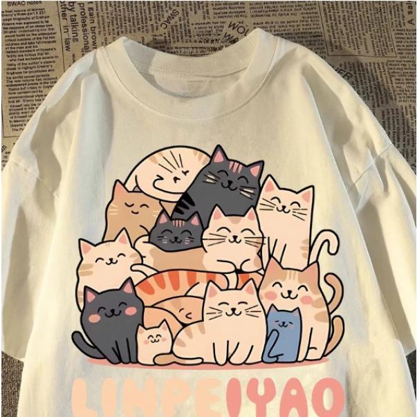 เสื้อยืดแขนสั้นลายการ์ตูนแมวน่ารักสไตล์อเมริกันสำหรับผู้หญิงในช่วงฤดูร้อนปี เสื้อตัวหลวมสไตล์เกาหลีแบบสบายๆ