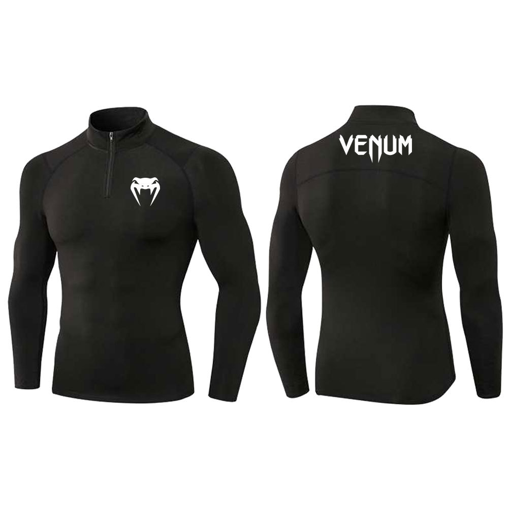 ใหม่ผู้ชายสีดํา Venum Quarter Zip แขนยาวการบีบอัดเสื้อยืด