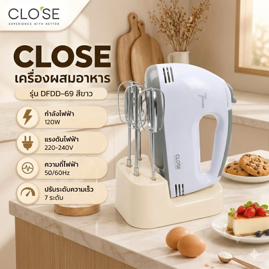 GlobalHouse CLOSE เครื่องผสมอาหารมือจับ รุ่น DFDD-69 สีขาว สินค้าของแท้คุณภาพดี