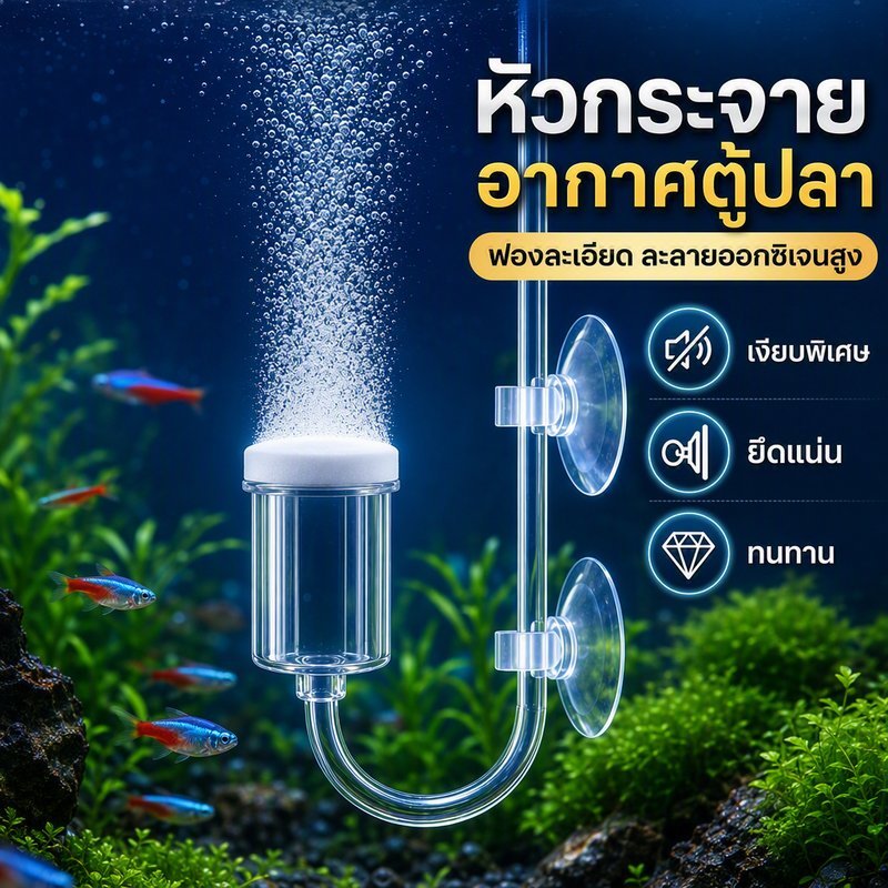 หัวทรายออกซิเจน ตู้ปลา ฟองละเอียด แบบเซรามิก นาโน พร้อมถ้วยดูด เงียบ ทนทาน 25 35
