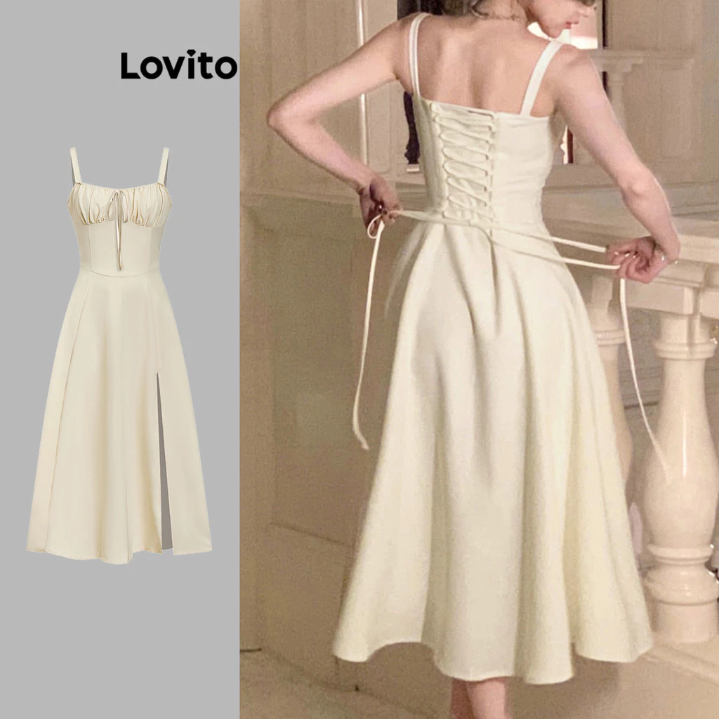 Lovito x Poppy สง่างาม ชุดเดรสผูกหน้าหลังสุดหรูหรา เดรสฤดูร้อนสำหรับผู้หญิง เดรสเที่ยวเขา L74ED185