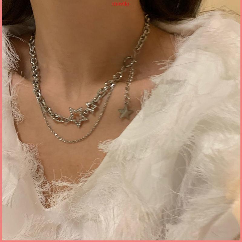 MAVLO Zircon Star Layered พู่สร้อยคอ Choker Y2k เครื่องประดับสําหรับผู้หญิงแฟชั่นสีเงินโซ่Zircon Cha