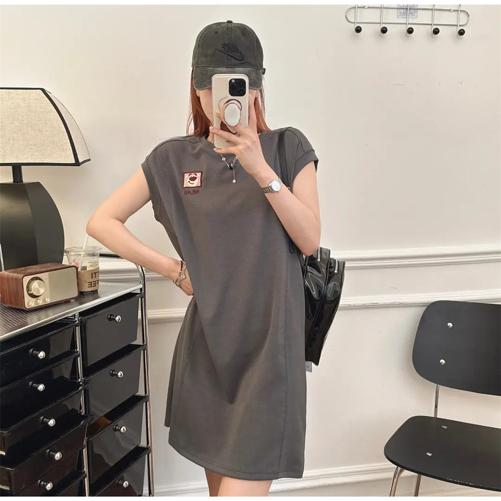 ชุดพยาบาล Summer Outing Hot Mom Fashion New Style Summer Square Bear Nursing T-Shirt Dress Cartoon A