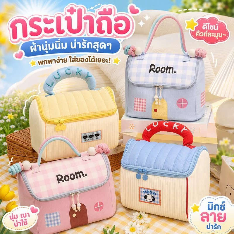 กระเป๋าเครื่องสำอาง ลายการ์ตูน ด้ามจับขนาดใหญ่ ความจุใหญ่ พกพาสะดวก แขวนได้ สำหรับผู้หญิง เดินทาง โดปามีน
