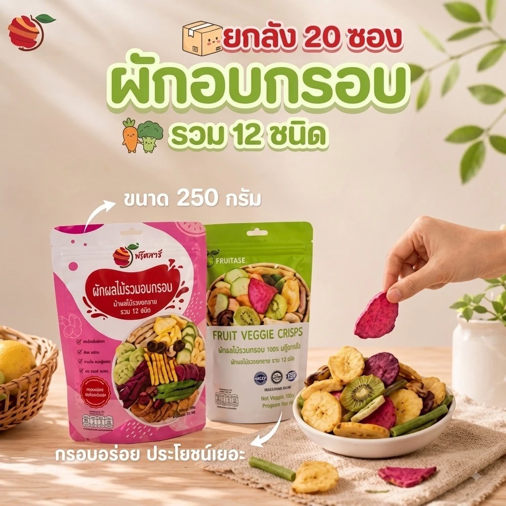 ขายส่ง (ยกลัง) Fruitasy ฟรุ๊ตทาซี่ ผักผลไม้อบกรอบรวม 12 ชนิด 20 ห่อ x 250 กรัม