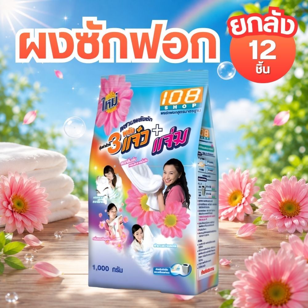 [ยกลัง 12 ชิ้น] ผงซักฟอก 108shop 3พลังแจ๋ว+แจ่ม 1000 กรัม by กำตังค์