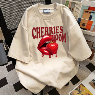 เสื้อยืดโอเวอร์ไซซ์ผู้หญิง ผ้านุ่มหนา CHERRIES แฟชั่นสไตล์เกาหลี [งานเกรดพรีเมียม งานเกรด A]