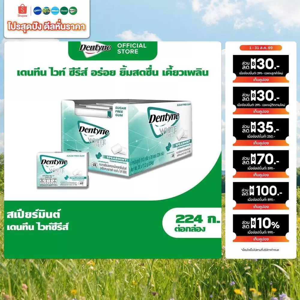 [แพ็ค 20 แผง] Dentyne WHITE Series Spearmint เดนทีน ไซลิทอลชูการ์ฟรี ไวท์ซีรีส์ กลิ่นมินต์ แบบแผง 8 เม็ด (11.2g)