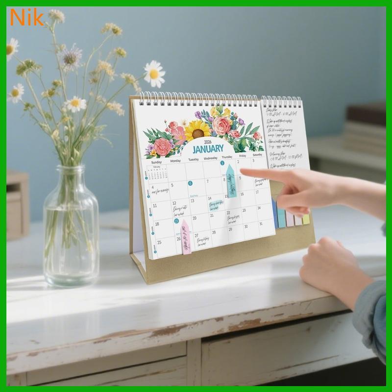 บ.นน.ค.ศ.ม.พ.ศ. 2026 ปฏิทินตั้งโต๊ะพร้อมการเขียน Notepads สติ๊กเกอร์ 12 เดือน Runs Jan to Dec