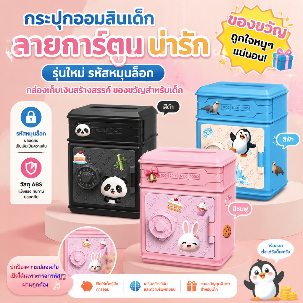 กระปุกออมสินเด็ก ลายการ์ตูนน่ารัก รุ่นใหม่ รหัสหมุนล็อก กล่องเก็บเงินสร้างสรรค์ ของขวัญสำหรับเด็ก