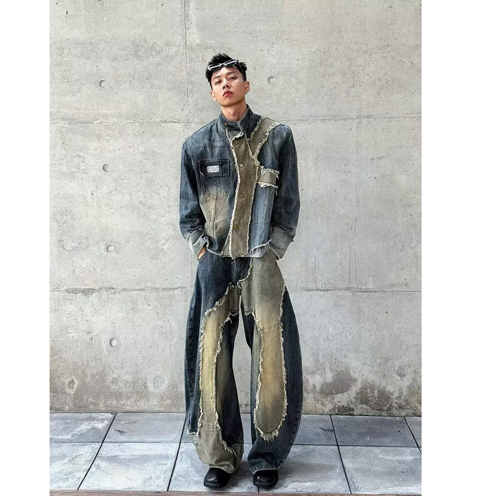 Baolongxin Post-Apocalyptic Patchwork Denim Jacket ที่มีขอบขวางและคอตั้ง