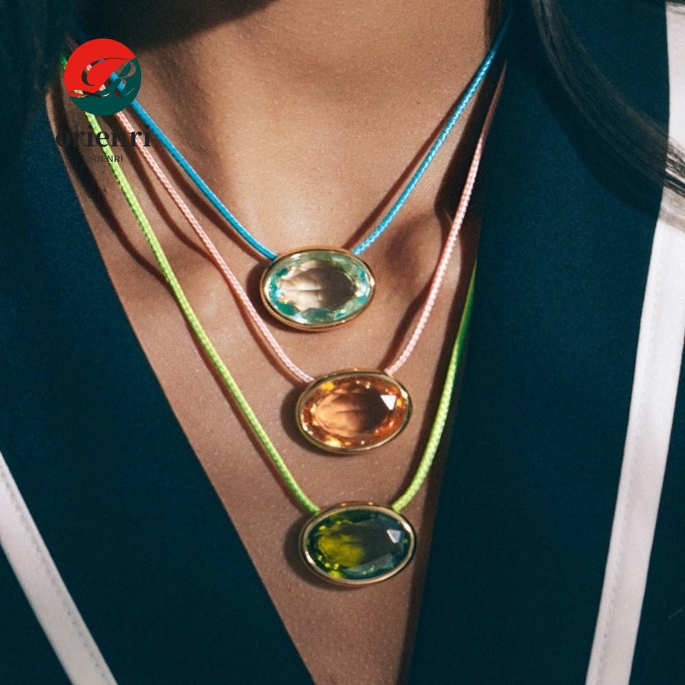 ORIENRI สร้อยคอจี้คริสตัล,สายบางที่มีสีสันขี้ผึ้งทอง BEZEL Choker,อินเทรนด์ขนาดใหญ่คริสตัล Gold BEZE
