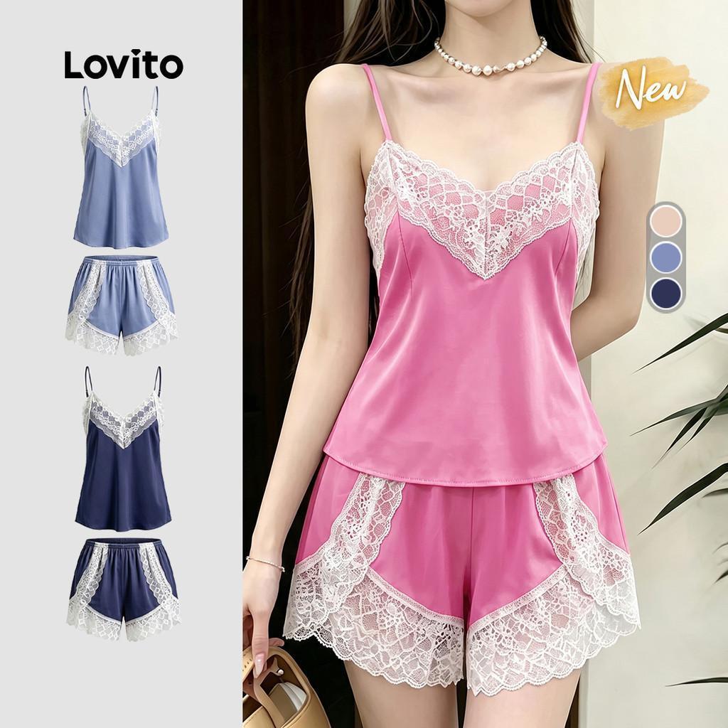 (New Arrival) Lovito ชุดนอนผ้าไหมน้ำแข็งสไตล์เกาหลีสุดหรู น้ำหนักเบา สำหรับฤดูร้อน 2 ชิ้น สำหรับผู้หญิง LNE148035
