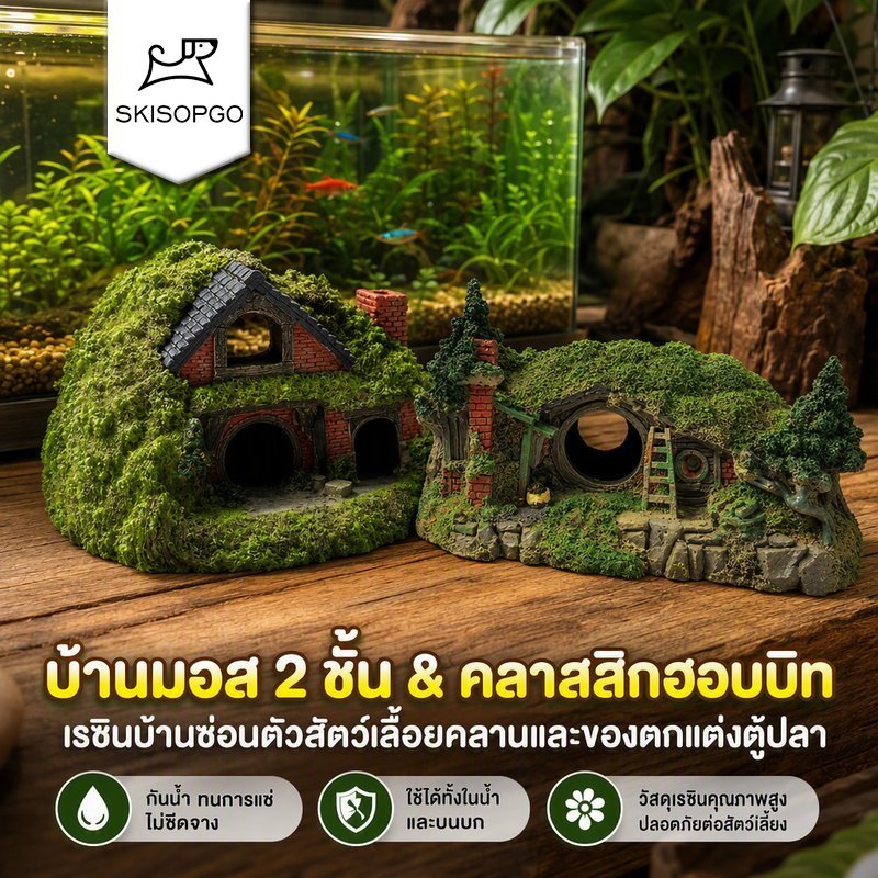 SKISOPGO ของตกแต่งตู้ปลา บ้านฮอบบิท เรซิน กันน้ำ ไม่ซีดจาง ใช้ในน้ำและบนบก ที่ซ่อนสัตว์เลื้อยคลาน