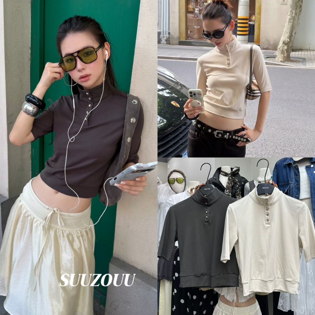 SU592 เสื้อยืดคอตั้งรุ่นนี้คือเท่ตาแตกมากกก! เสื้อยืดแขนห้าส่วน แฟชั่นเกาหลี TAG MM Fish