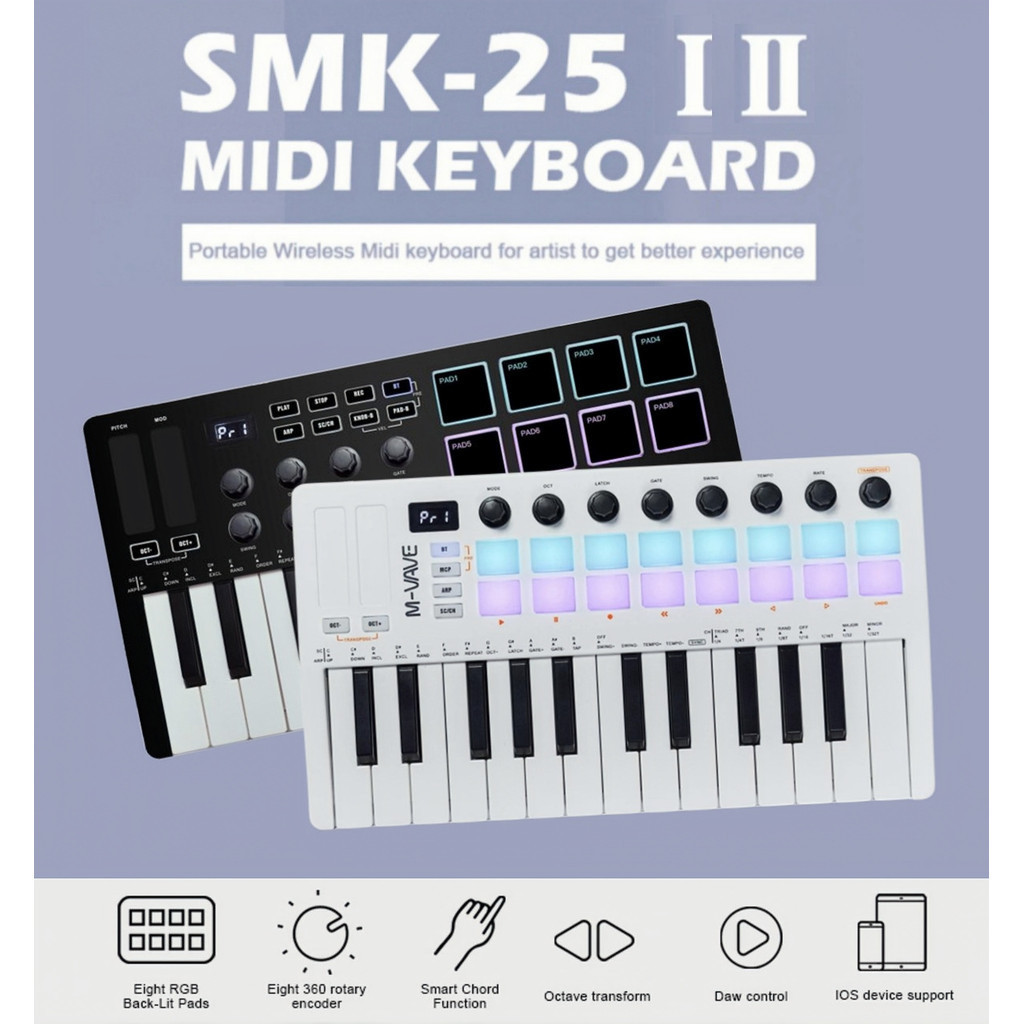 M-vave SMK-25 II MIDI Pad Controller USB Mini Keyboard 25 คีย์, 16 RGB Drum Pads, 8 ปุ่มและการผลิตเพ