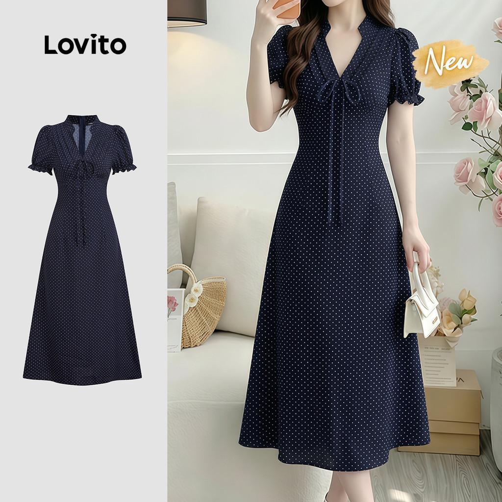 (New Arrival) Lovito ชุดเดรสผู้หญิง สีดํา-ขาว เรียบหรูดูดี แบบพลีท เหมาะสําหรับฤดูใบไม้ผลิและฤดูร้อน DRK8P1D734