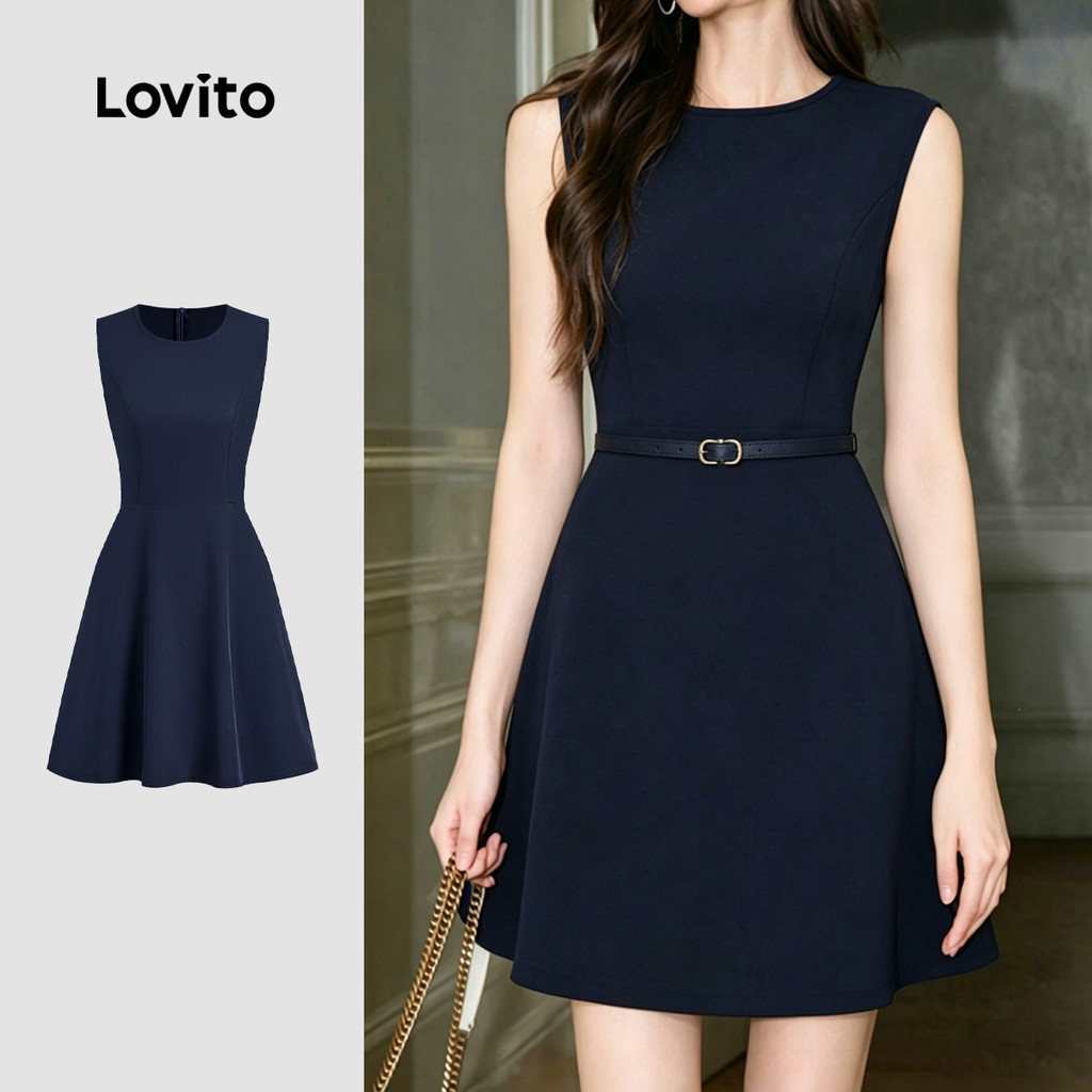 (New Arrival) Lovito ชุดเดรสสีน้ําเงินเข้มมีซิป สไตล์เรียบหรูสําหรับฤดูใบไม้ผลิ/ฤดูร้อน สําหรับผู้หญิง L196LD514