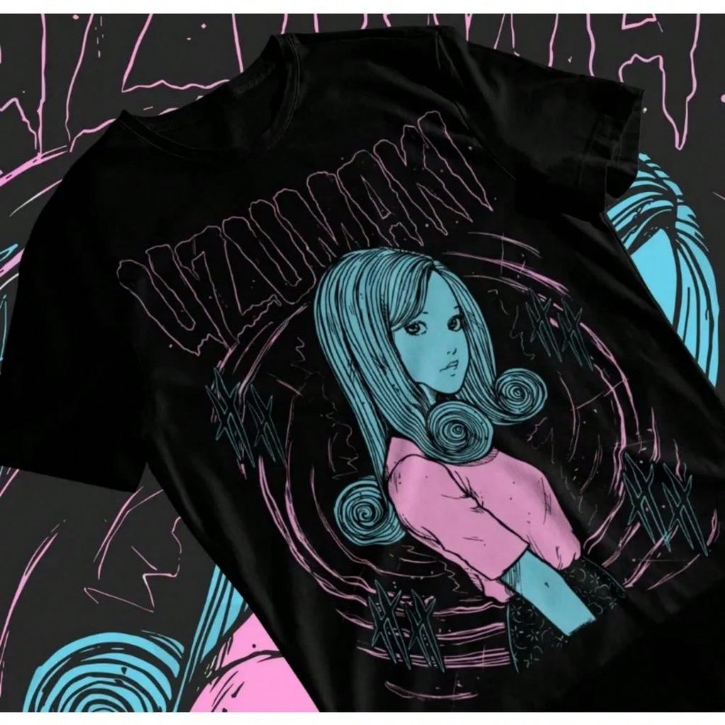 Junji Ito Uzumaki น่ากลัวอะนิเมะญี่ปุ่นตลกมังงะพิมพ์เสื้อยืดแขนสั้นนุ่ม
