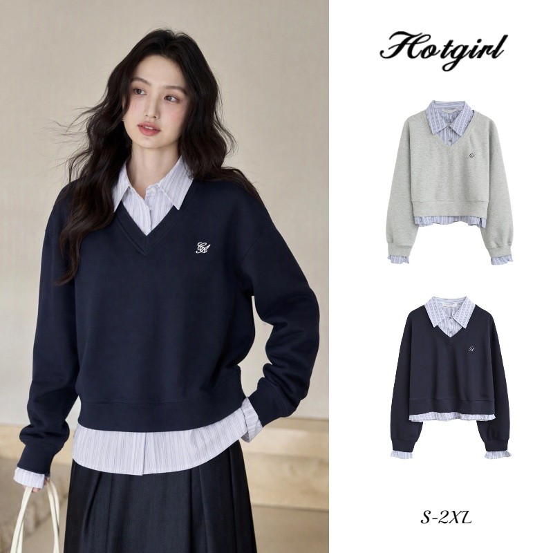 Hotgirl พร้อมส่ง เสื้อผ้าสตรี เสื้อฮู้ดเทียมสองชั้น สบาย ลำลอง สไตล์เกาหลี