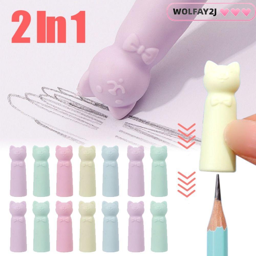 WOLFAY2J 10PCS Pencil Nib Protective Cap, Correction Stationery 2 in 1 Eraser, Cartoon Cat Shape Pen