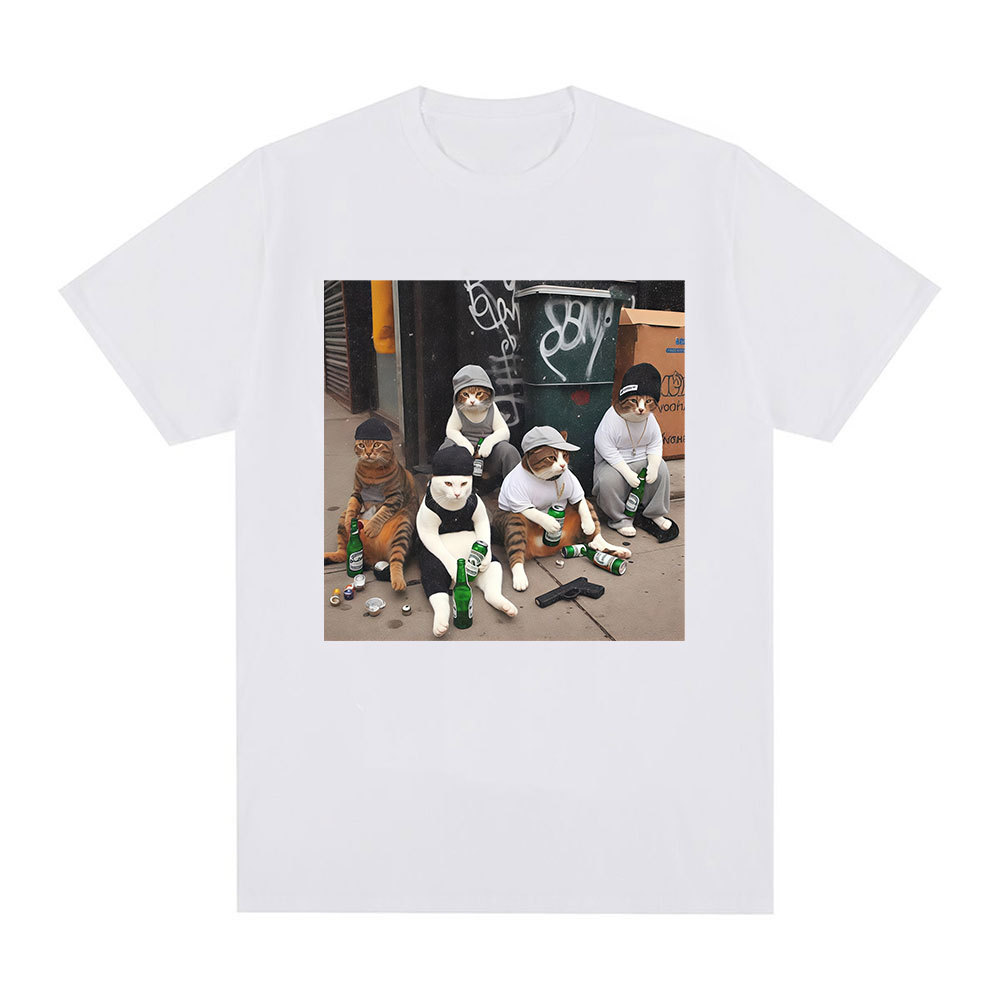 HOT SALE Funny Cat Gang Emoji Print T-shirt Men Women Fashion Vintage Short Sleeve T-shirt High Qual