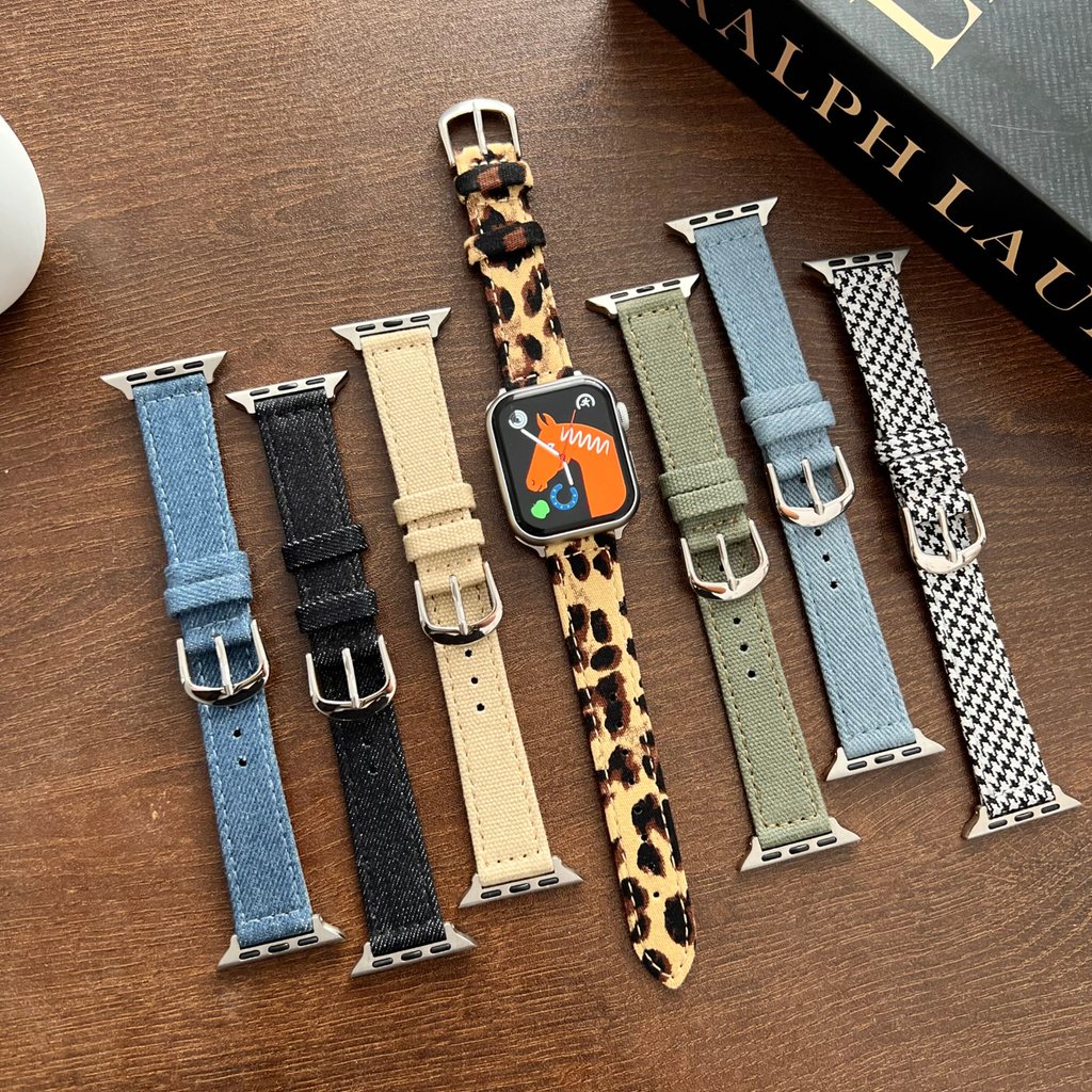 เหมาะสําหรับสายนาฬิกาผ้ายีนส์พิมพ์ลายเสือดาวของ Apple iwatch11/1098765432SE ผ้าใบ Houndstooth Ultra
