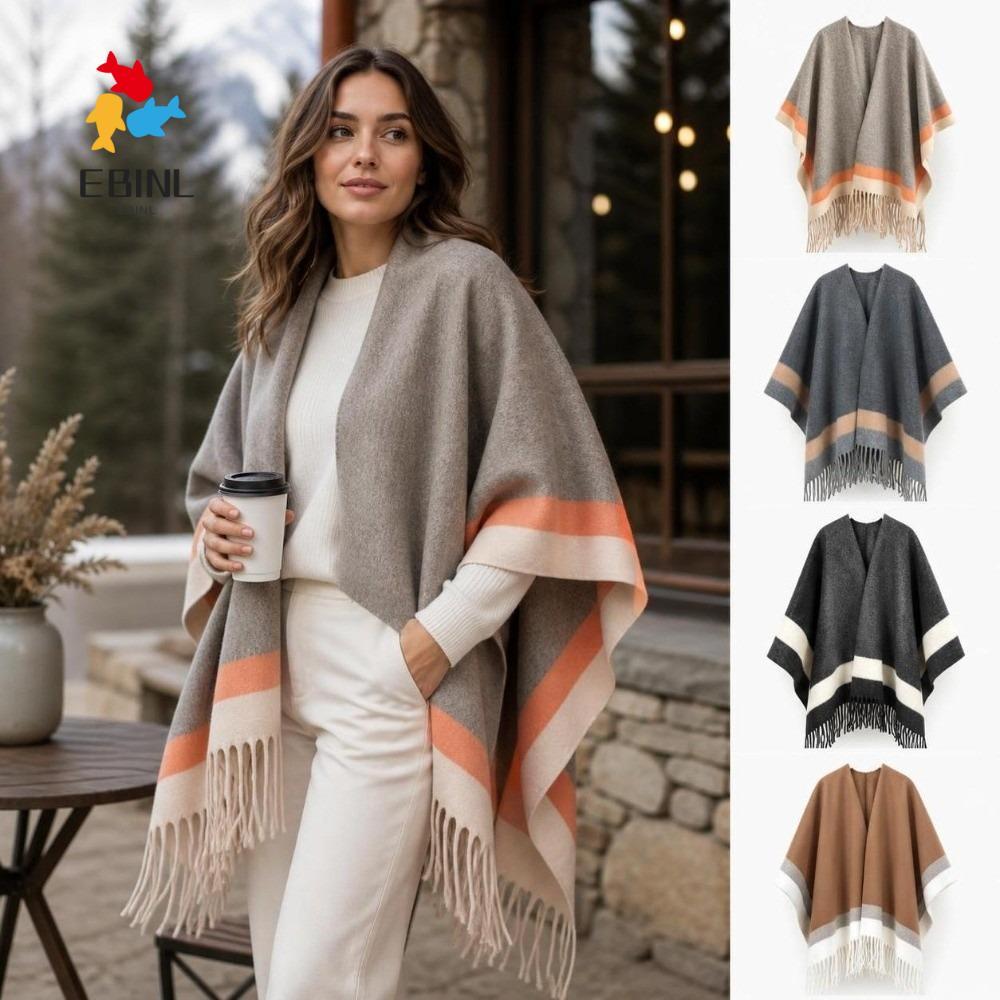 EBINL เปิดด้านหน้า Cape Shawl, Warm ขนาดใหญ่ลาย Border Poncho, แฟชั่นนุ่มสบาย Fringed Edge พู่ Ponch