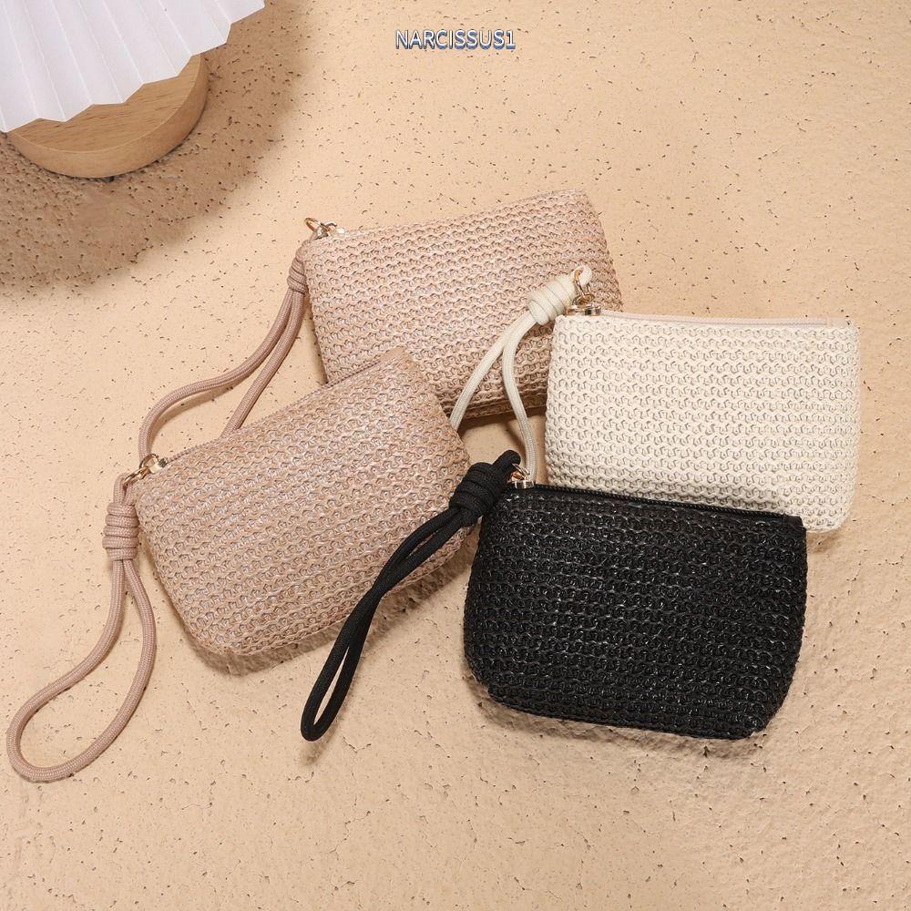 NARCISSUS13A0E Mini Wallet, Straw Zipper Coin Purse, Mini Money Bag Women Girls