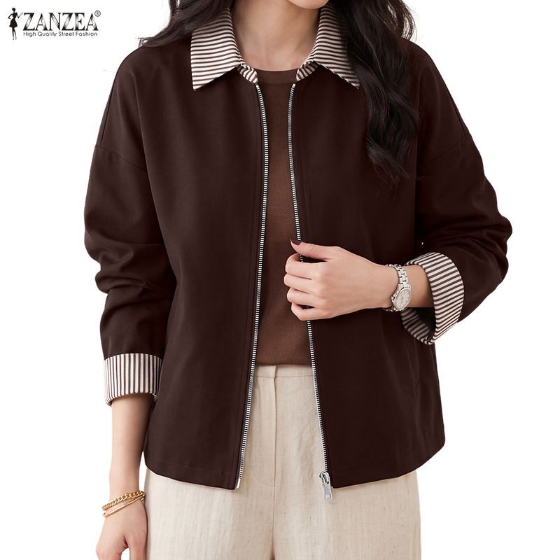 ZANZEA เสื้อแจ็คเก็ตผ้าปะต่อแขนยาวลายทางแฟชั่นเกาหลีสําหรับผู้หญิง