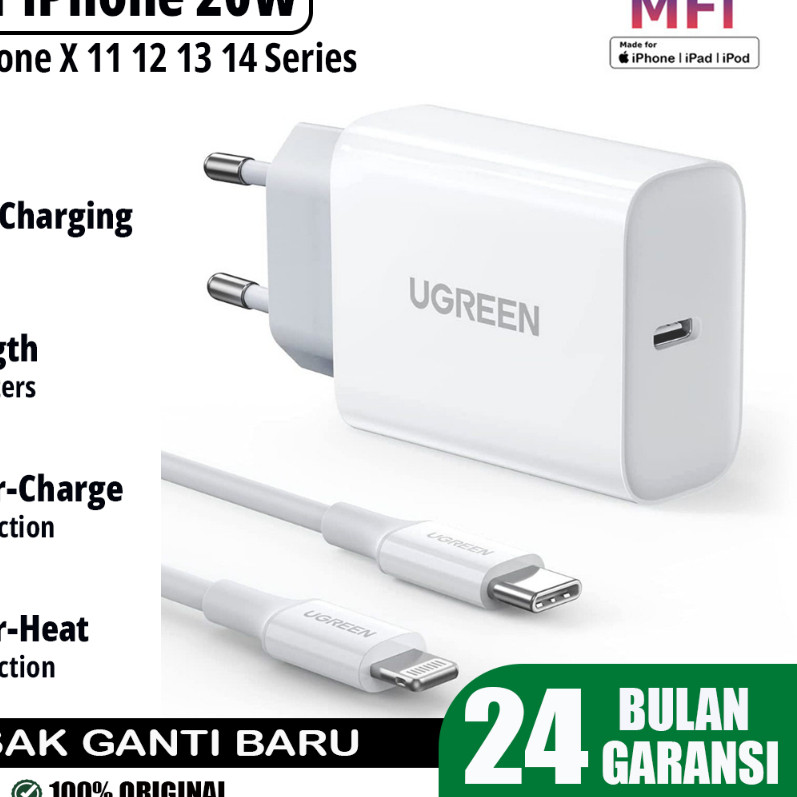 UGREEN iPhone MFi PD Type-C to Lightning Fast Charging Charger 20W 50698 - ได้รับการรับรอง MFI