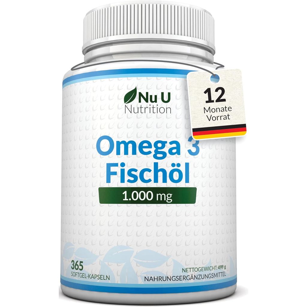 Omega 3 Fish Oil 1000mg - 365 Softgel Capsules - จ่ายสูงสุด 12 เดือน - น้ํามันปลาบริสุทธิ์พร้อม Bala