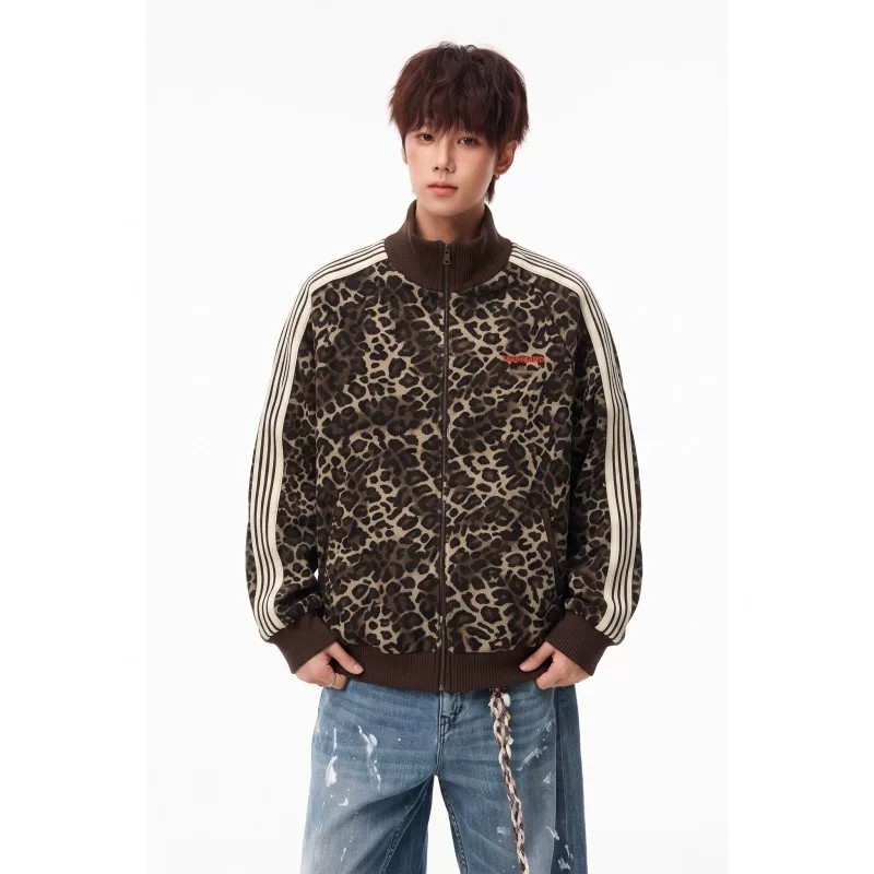 American Retro Leopard Print Three-Bar Small Jacket T Men Stand Collar Jacket Women