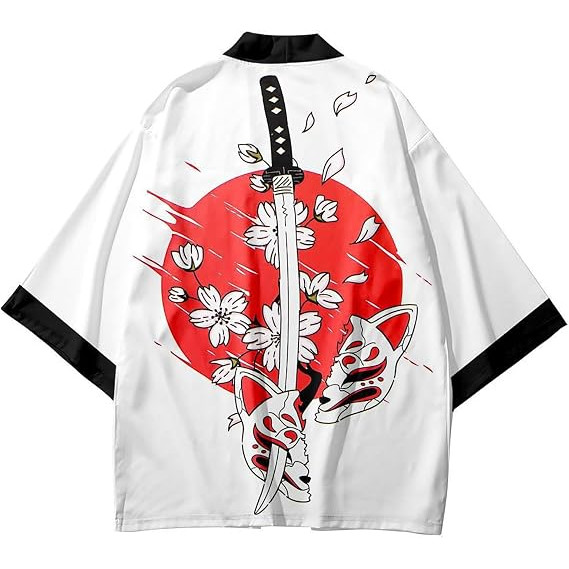 Japanese Kitsune Fox-Mask Haori Kimono Open-Front Cardigan, Casual Street-Style Outerwear