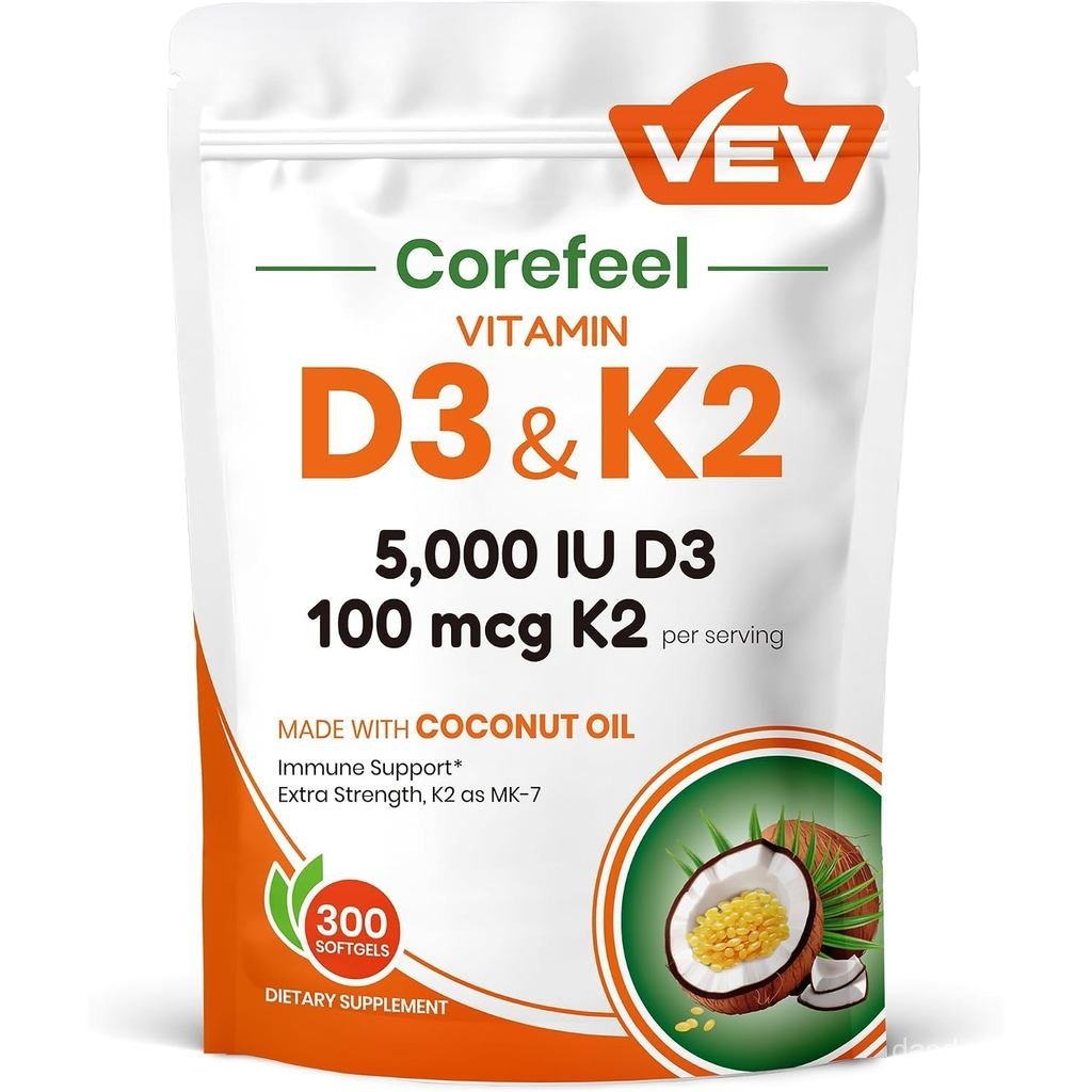 VEV Corefeel วิตามิน D3 K2 5,000 IU, 100 mcg MK-7, 300 ซอฟท์เจลน้ํามันมะพร้าว SSL9
