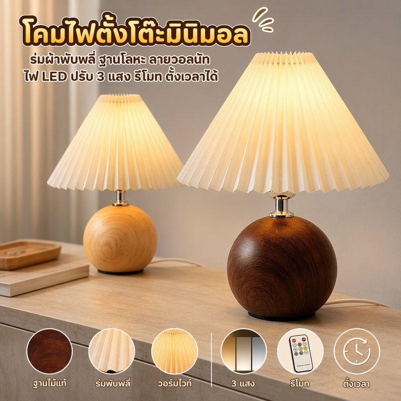 โคมไฟตั้งโต๊ะ วินเทจ ร่มผ้าลินินพับพลี ฐานลายไม้ LED ปรับ 3 แสง รีโมท ตั้งเวลา โคมไฟหัวเตียง โคมไฟตกแต่ง