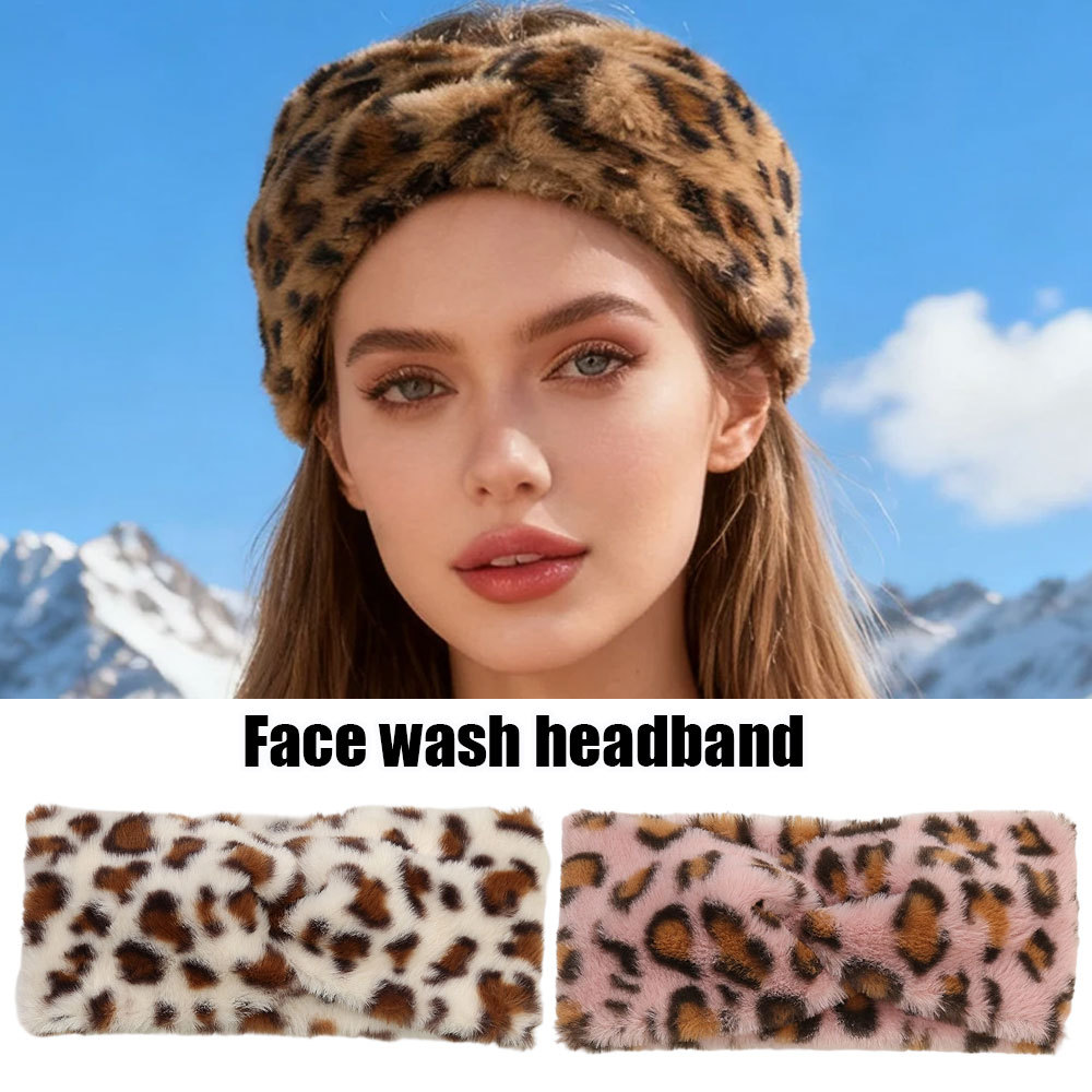 พร้อมสต็อกFuzzy Leopard Print Knotted Headband Plush Wide Turban สําหรับผู้หญิงฤดูใบไม้ร่วงฤดูหนาวอุ