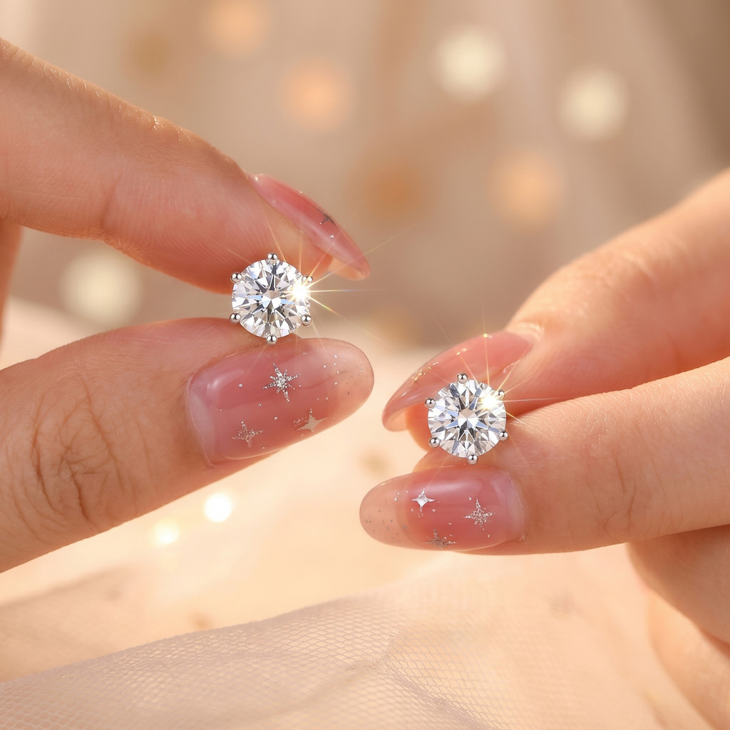 จริง Moissanite 1CT คลาสสิกรอบตัดสีขาว D หกง่ามต่างหูสตั๊ดโมเดิร์น Gold-Plated พร้อม GRA การรับรองสํ