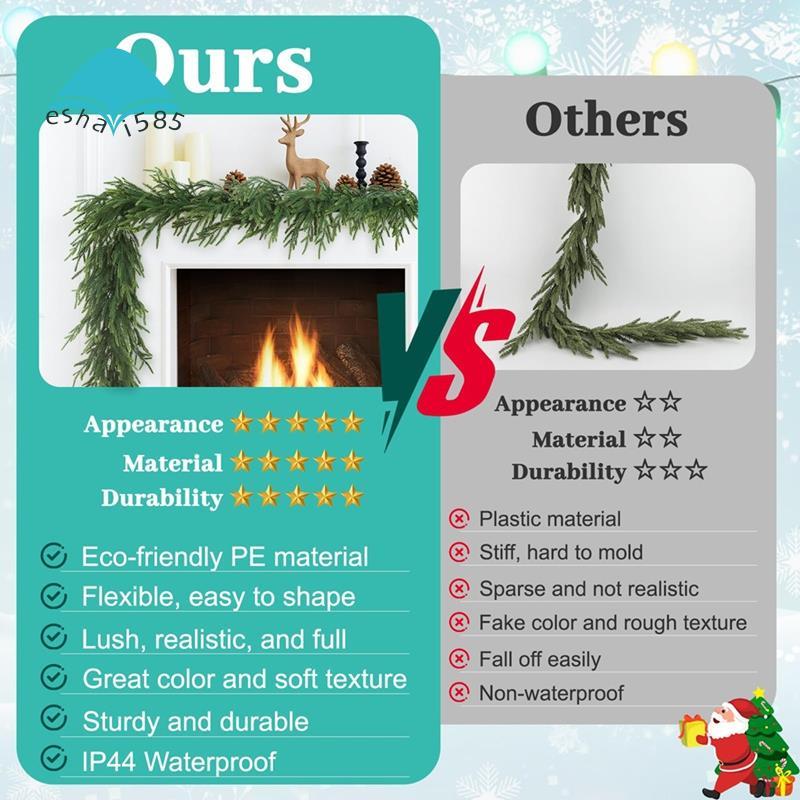 Eshai585Faux Green Christmas Norfolk Pine Garland 12FT(2 X 6FT) สัมผัสจริงสําหรับ Mantle บันได โต๊ะ 