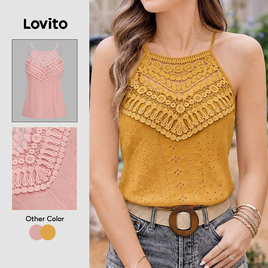 (New Arrival) Lovito เสื้อผู้หญิงสไตล์โบโฮ แขนสั้นสีเหลืองขมิ้นสําหรับฤดูใบไม้ผลิและฤดูร้อน TKK8P1D7