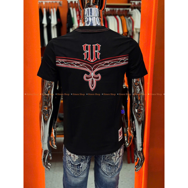 RR33 เสื้อยืดหินคอกลมสีดําและสีแดงพร้อมงานปักเต็ม ผ้าฝ้ายยืด 2 ทาง รูปแบบมาตรฐาน ViP