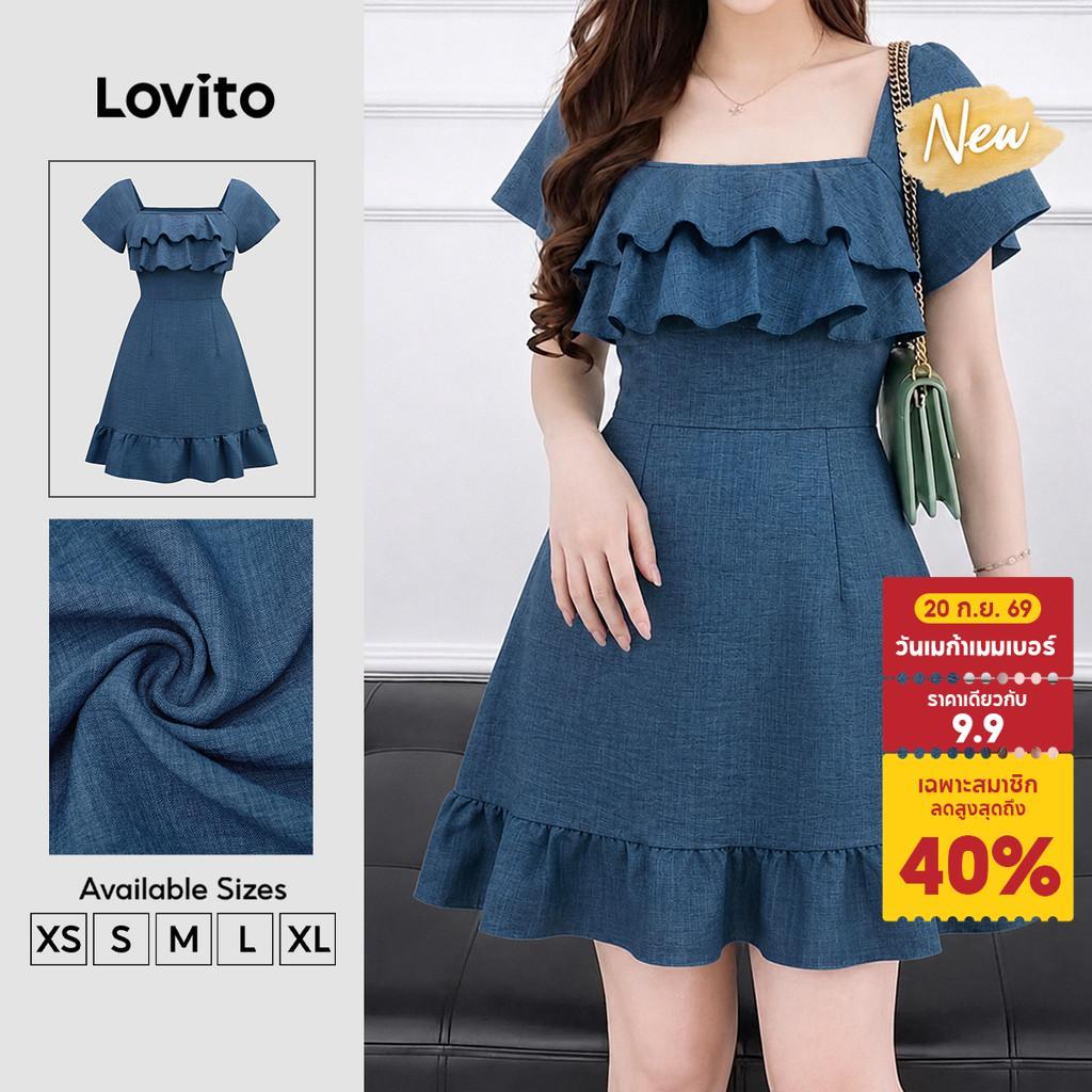 (New Arrival) Lovito ชุดเดรสลําลอง แขนระบาย มีซิป สําหรับผู้หญิง สีฟ้า เหมาะกับฤดูใบไม้ผลิและฤดูร้อน DRK9P1D008