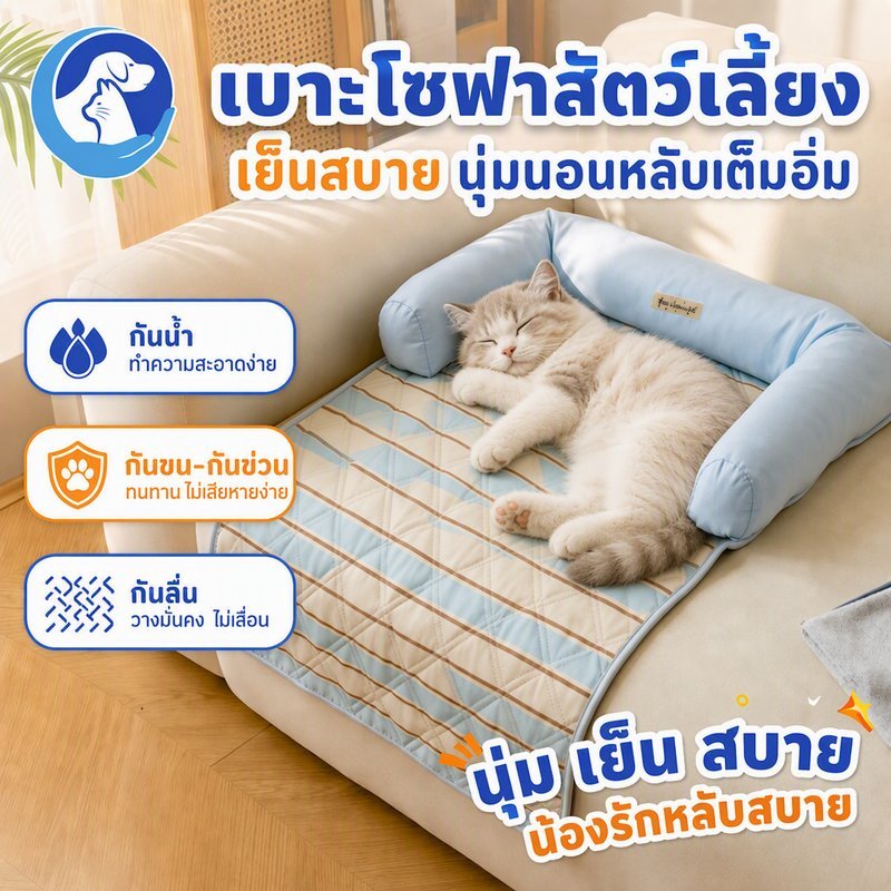 เบาะโซฟาสัตว์เลี้ยง เตียงนอนแมว ผ้าเย็นนุ่ม ขอบพยุงคอ กันขนสัตว์ กันข่วน กันลื่น ซักได้