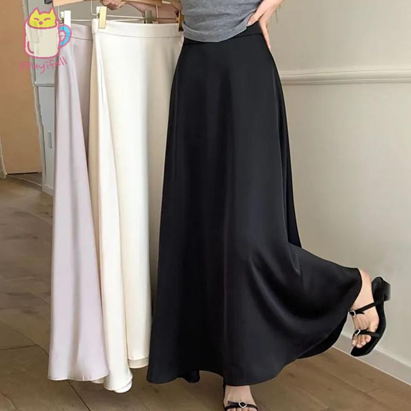 [เคร่งขรึม·ไว้อาลัย]กระโปรง femur สไตล์ fishtail สำหรับผู้หญิง ทำจากผ้าซาติน ทรง A-line ลายเส้นเรียบหรู เหมาะกับฤดูร้อน