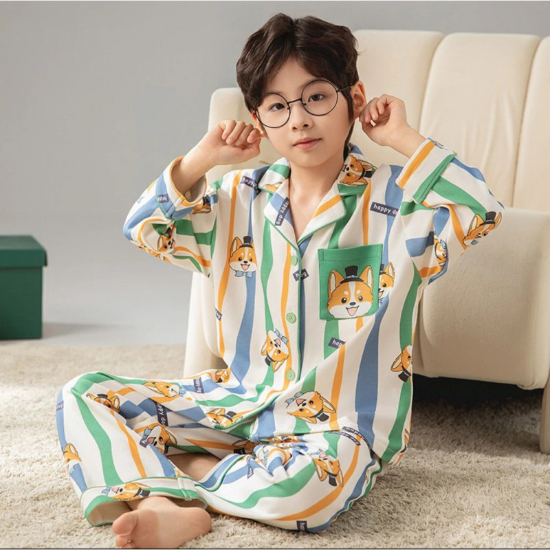 ชุดนอนสำหรับเด็กชาย คาร์ดิแกนแขนยาวพร้อมปก กางเกง ในแบบเสื้อผ้าในบ้าน