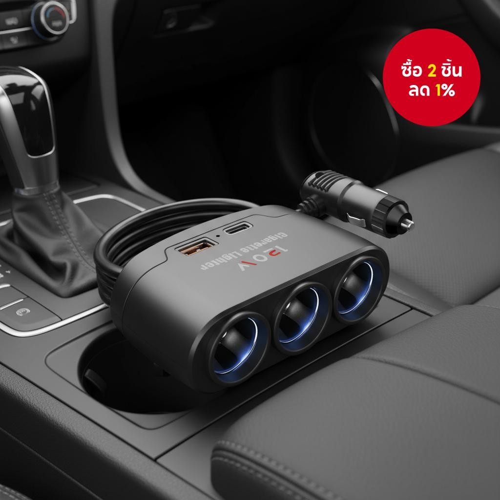 อะแดปเตอร์ไฟแช็กบุหรี่ 3-in-1, ตัวแยกช่องเสียบหลายช่อง และหัวชาร์จ USB คู่ สําหรับภายในรถยนต์