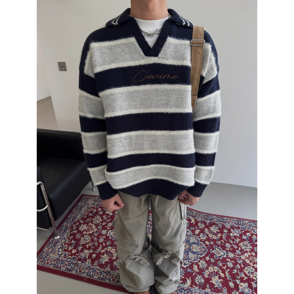 เสื้อกันหนาวหลวมลาย V แบบคลีนสำหรับผู้ชาย เหมาะสมกับอากาศในฤดูหนาว