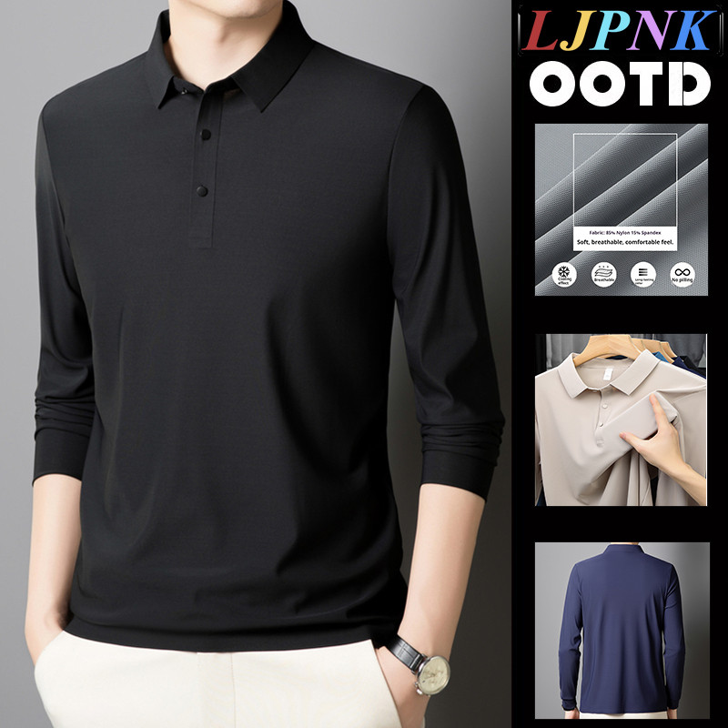เสื้อโปโลชายแขนยาว material ไหมน้ำแข็ง สำหรับทำงานและแต่งตัวทุกวัน น้ำหนักเบาทายไว