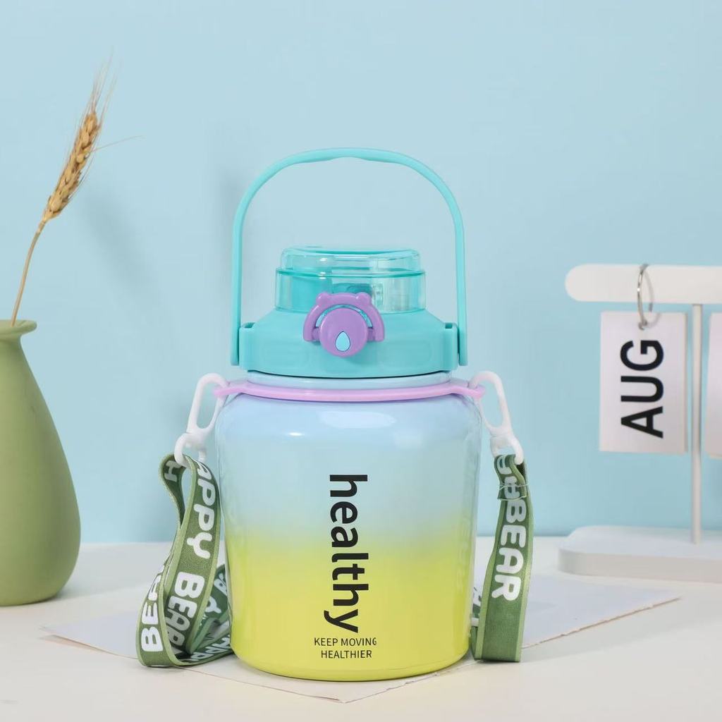 ขวดน้ำเก็บอุณหภูมิ กระติกเก็บเย็น1000ml กระติ๊กน้ำพกพา ขวดน้ำเก็บความร้อน สแตนเลส 316มีสายรัด มีหูหิ้ว มีฟาง